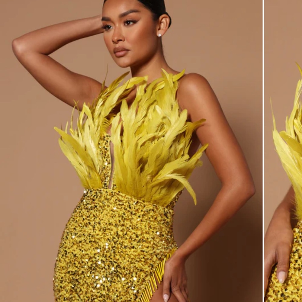 Dazzling Yellow Sequin Dress with Feather Accents
